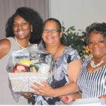 Three women with a gift basket.